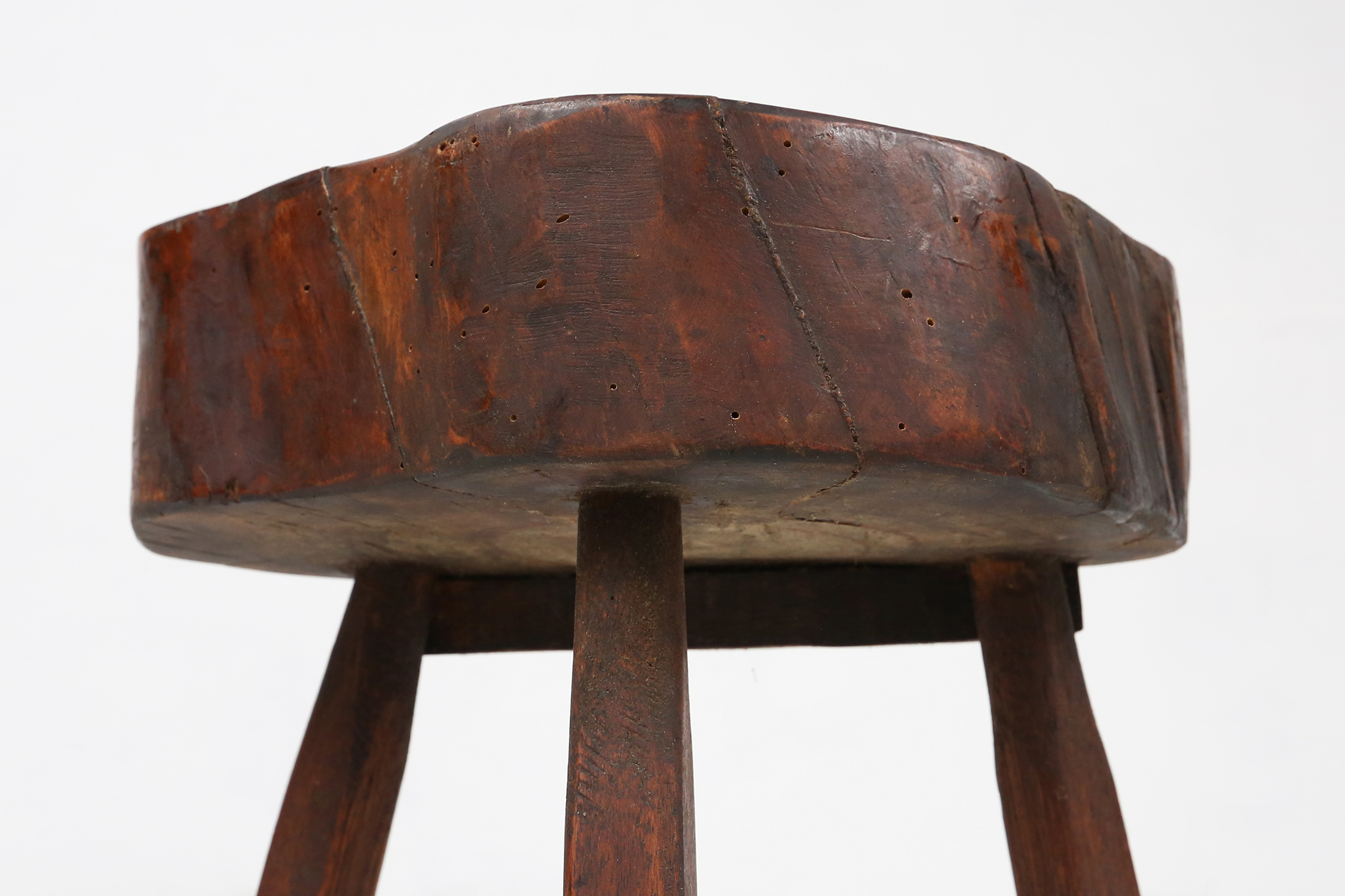 Rustic wooden tripod stool with tree trunk seat, France ca. 1900thumbnail